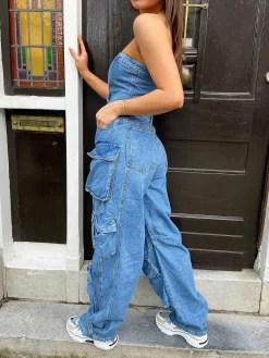 Clearance Alexi Cargo Denim Jumpsuit Blue Jumpsuits