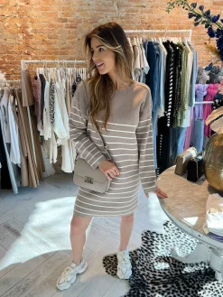 Store Bee Stripe Sweater Dress Taupe Jurken