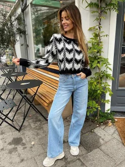 Fashion Cropped Knitted Sequin Sweater Black & White Truien