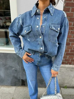 Cheap Destroyed Denim Blouse Blue Jassen