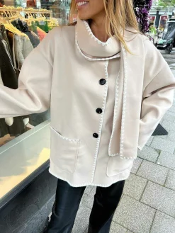 Cheap Inspired Scarf Coat Beige & White Jassen