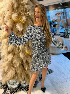 Outlet Jada Sequin Bow Dress Silver Jurken