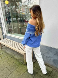 Hot Julia Off Shoulder Sweater Blue Truien