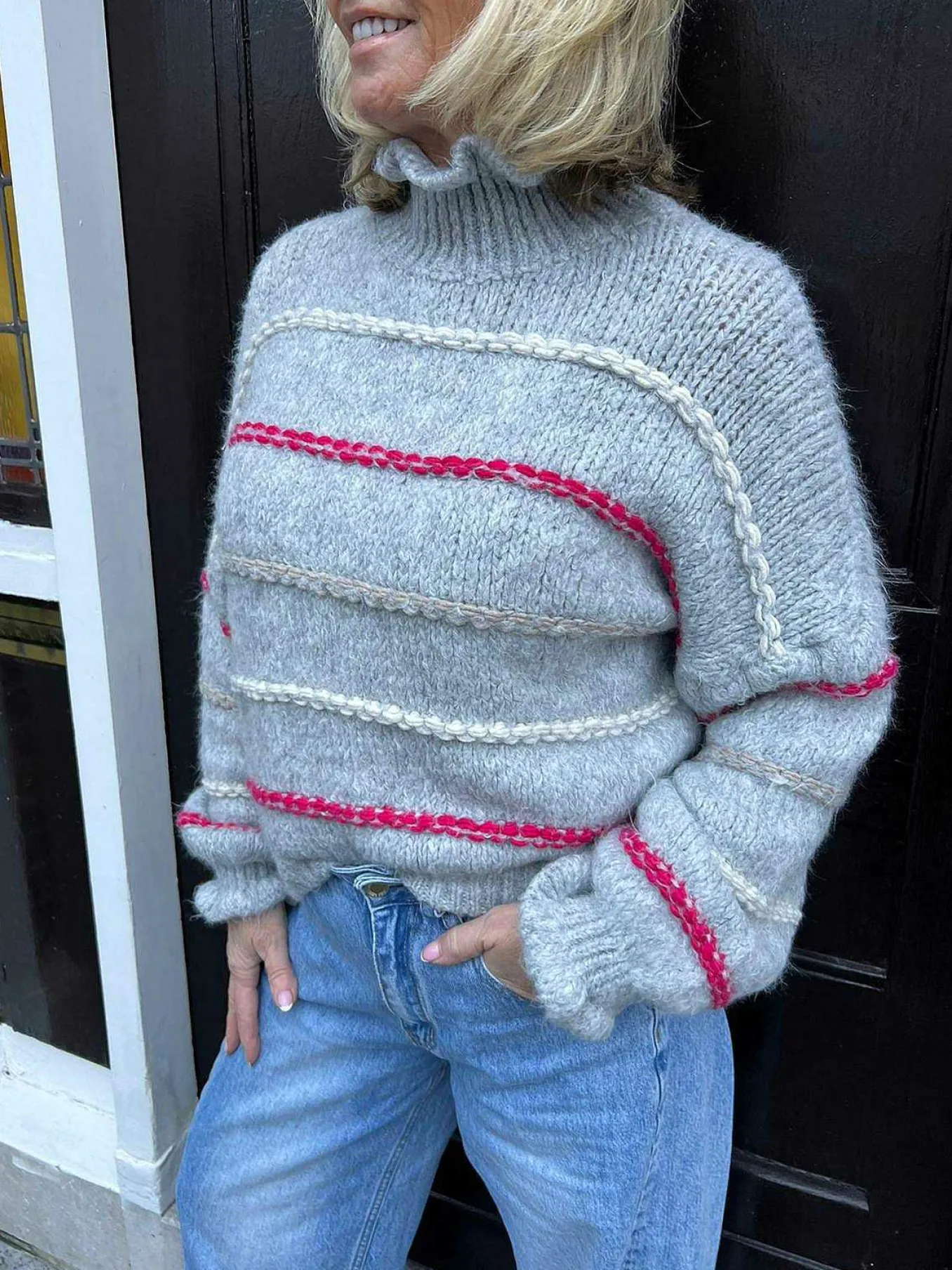 Sale Kiki Ruffle Stripe Sweater Grey Truien