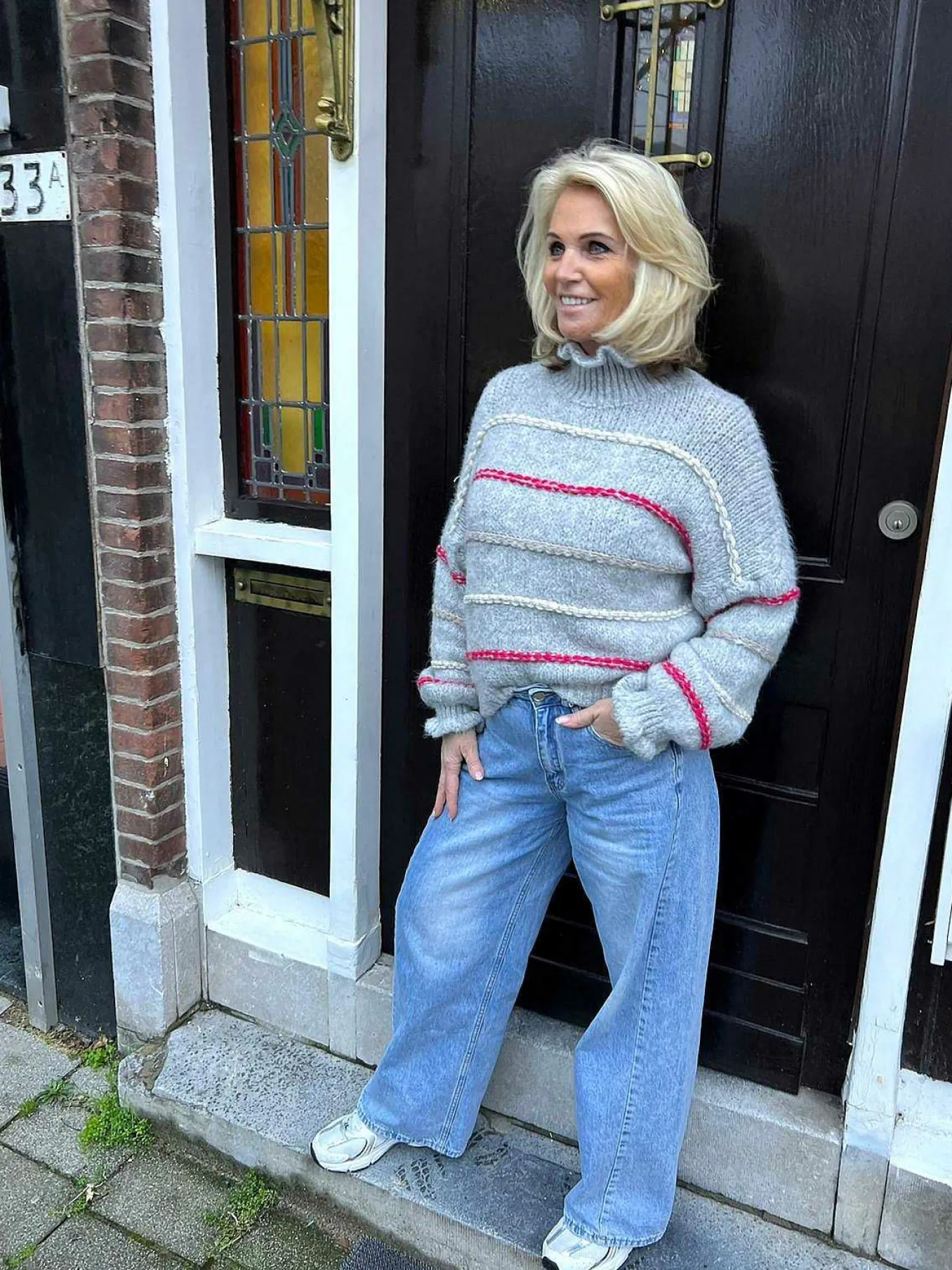 Sale Kiki Ruffle Stripe Sweater Grey Truien