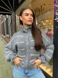 Outlet Lara Ruffle Striped Vest Grey Vesten