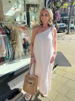 Outlet Lily One Shoulder Mousseline Dress Beige Jurken