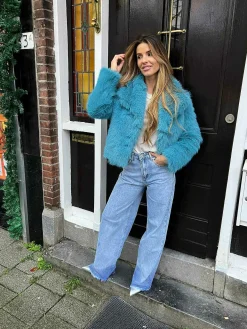 Hot Lizzy Faux Fur Coat Aqua Blue Jassen