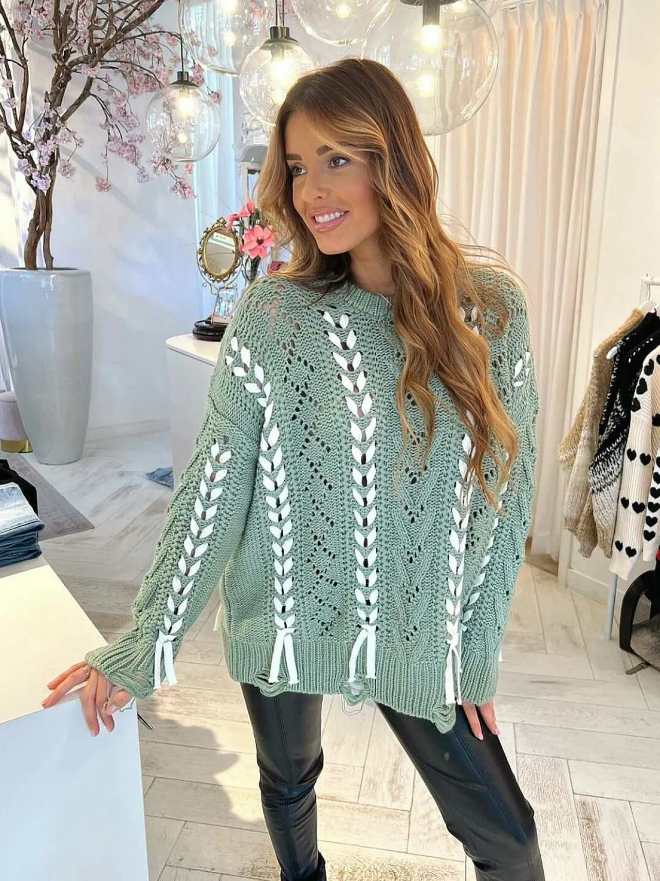 Sale Lola Braid Sweater Sage Green Truien