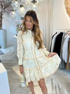 Shop Lola Broderie Dress Beige Jurken