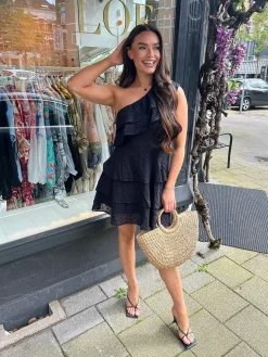 Best Sale Luna Broderie One Shoulder Dress Black Jurken