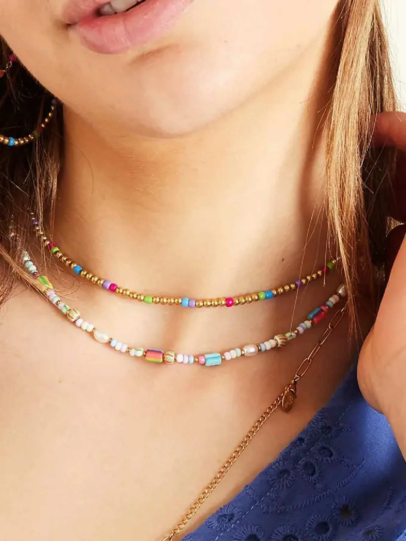 Fashion Multi Color Beads Necklace Gold & Blue Kettingen