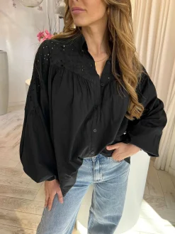 Cheap Noah Broderie Blouse Black Tops & Blousjes