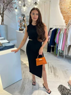 Best Noor Cut Out Linen Dress Black Jurken