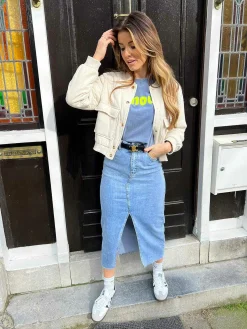 Shop Nore Linen Bomber Jacket Beige Jassen