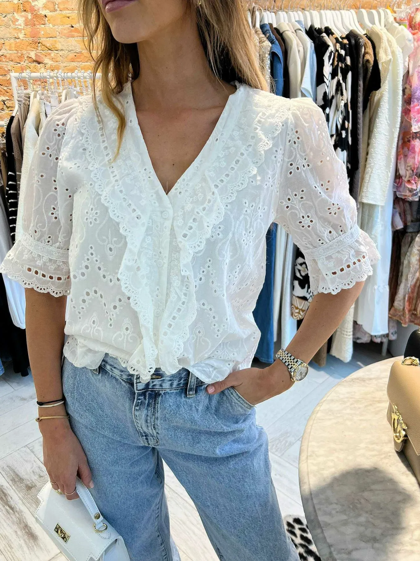 Store Nowi Broderie Blouse Short Sleeve Tops & Blousjes
