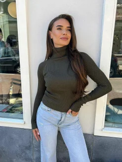 Flash Sale Ribbed Col Army Tops & Blousjes