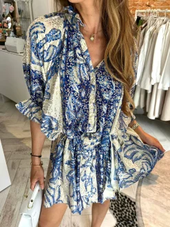 Online Ruby Golden Print Dress Ocean Blue Jurken