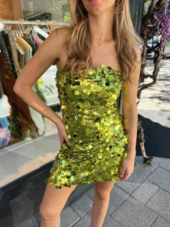 Sale Sequin Strapless Dress Lime Jurken