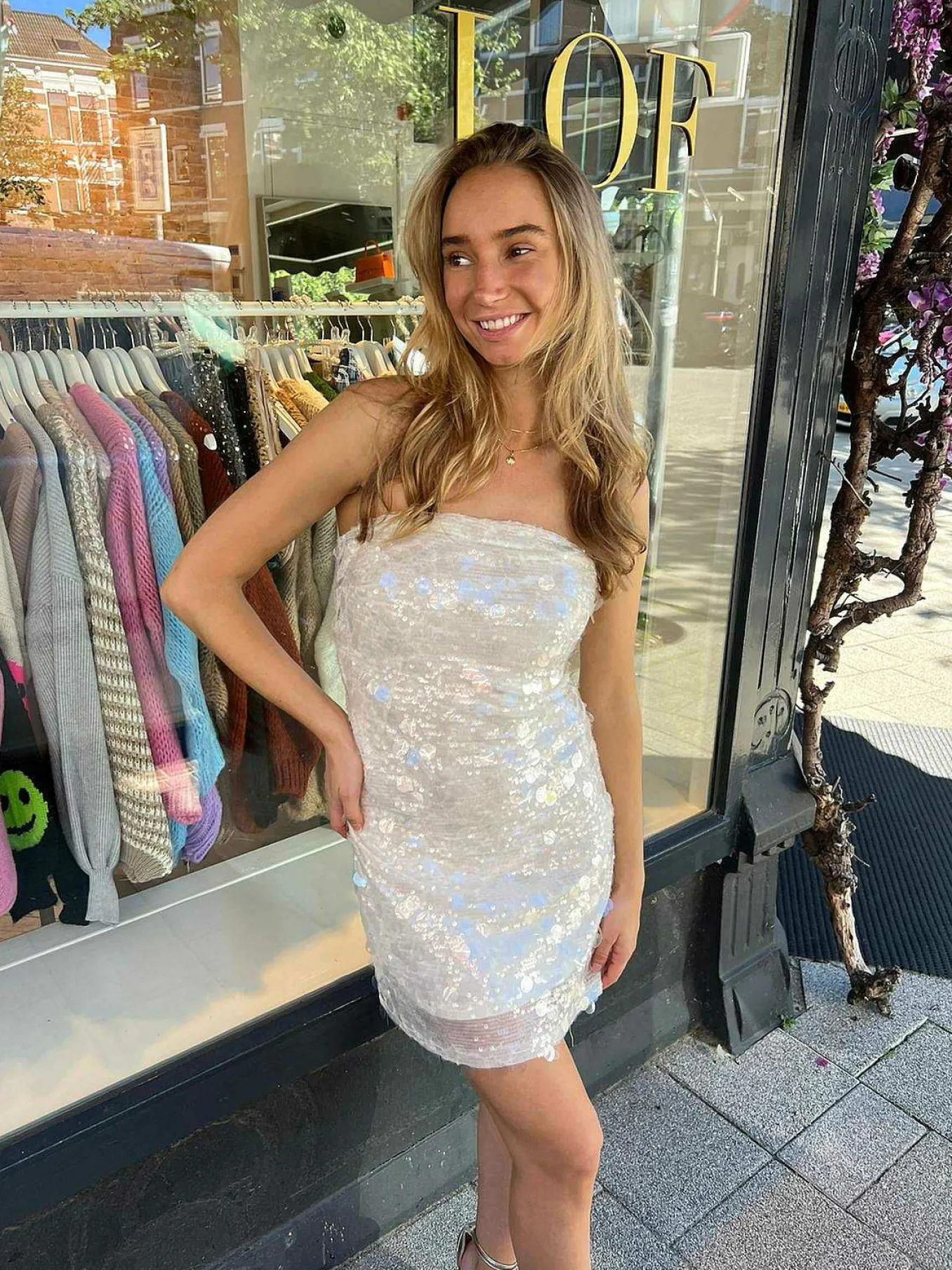 Cheap Sequin Strapless Dress Off White Jurken