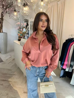Fashion Silky V Neck Blouse Peach Tops & Blousjes