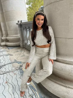 Best Sophie Sequin Long Sleeve Top Champagne Tops & Blousjes