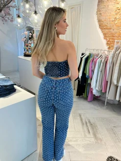 Outlet Wide Leg Pattern Jeans Dark Blue Broeken