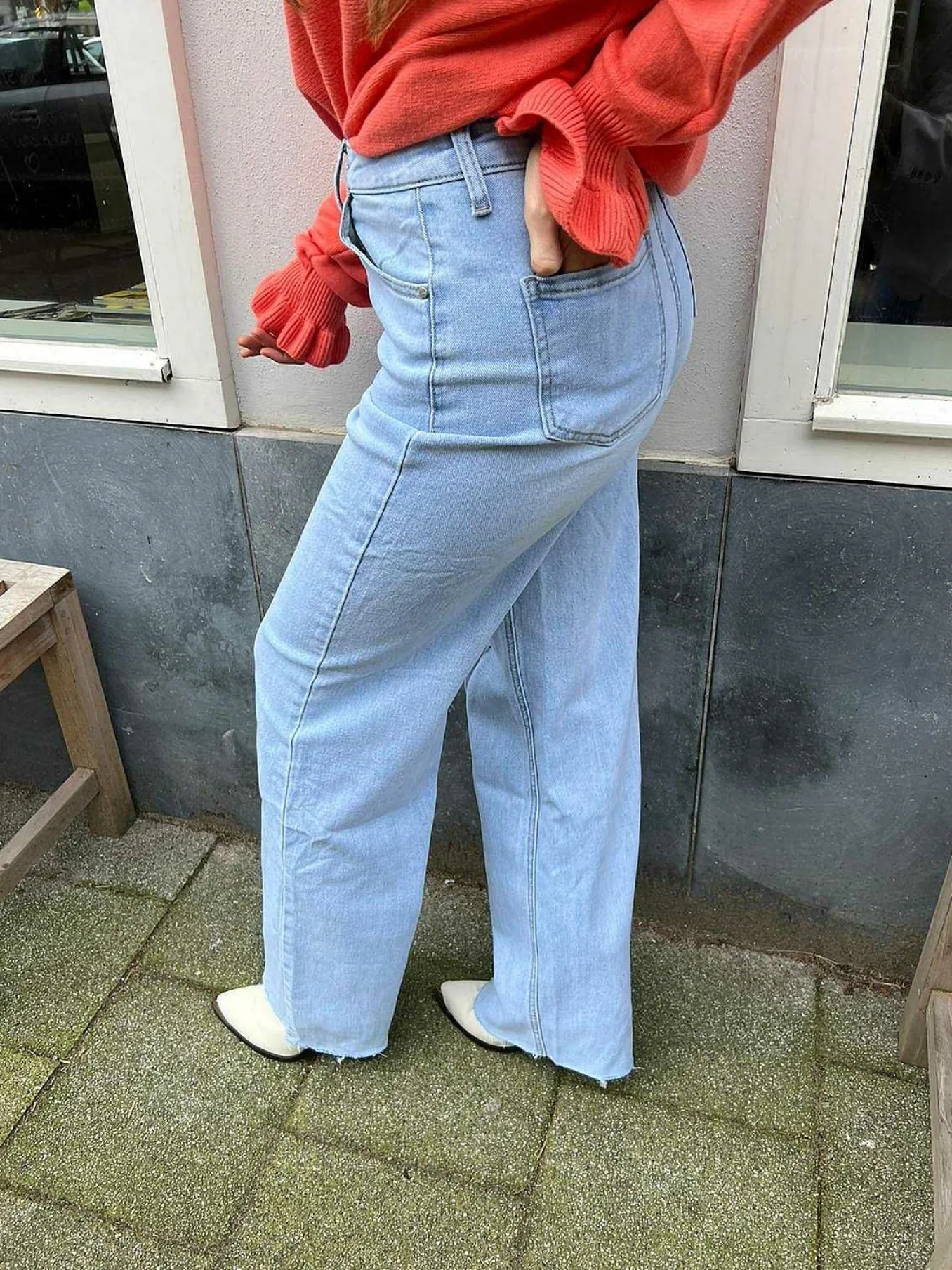Clearance Wide Leg Ribbed Knee Jeans Blue Broeken